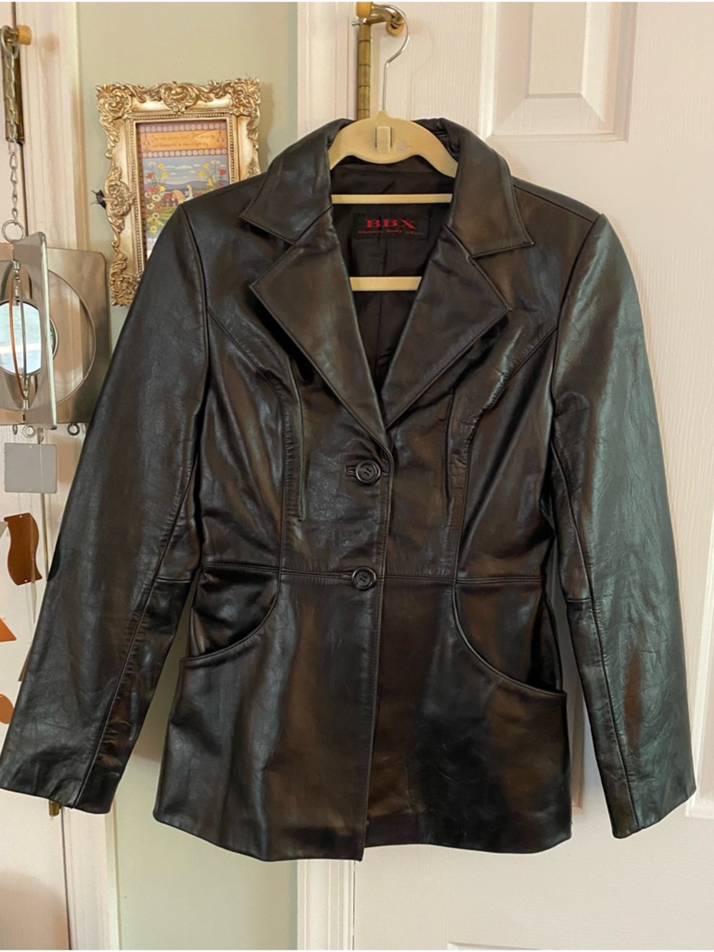 Vintage Women’s BBX Black 100% Genuine Leather Heavy Jacket Blazer Sz Small